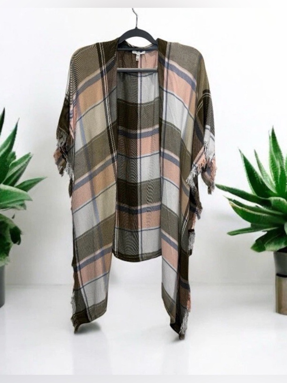 Maurices Open-Front Boho Plaid Poncho Ruana Vest Fringe Hem Size S/M